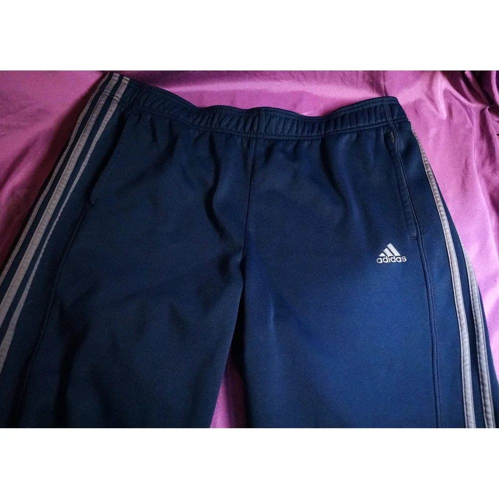 Adidas 2XL Climawarm Track Pants Blue & Gray 3 Stripe Fleece Athletic AV1001